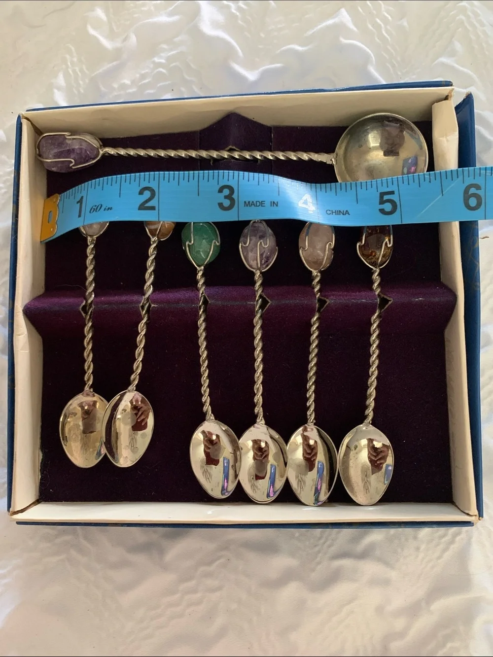 Vintage Barasch Sylmar Brasil Set 7 Twisted Stem Demitasse Spoons Caged Stones